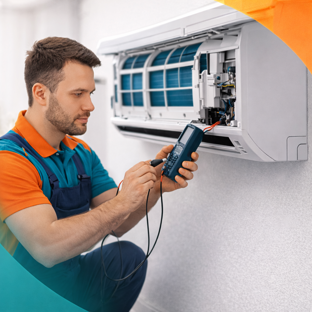 Técnico reparando aire acondicionado